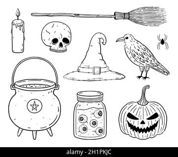 Doodle Set aus Halloween Elementen - Totenkopf, Rabe, Hexenkessel, Besen und Hut, gruselige Kürbis Laterne, Glas mit Augäpfel. Handgezeichnete Vektorgrafik. Perfekt für Urlaubsdesigns, Dekorationen. Stock Vektor