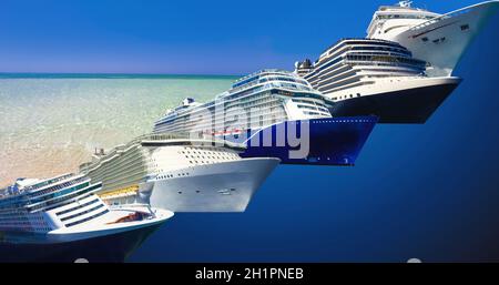 Abstrakte Kreuzschiffe oder große Liner am abstrakten Hafen. Collage über Reise- und Urlaubskonzept Stockfoto