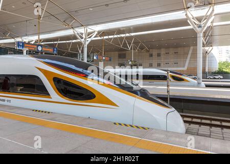 Tianjin, China - 29. September 2019: Fuxing Hochgeschwindigkeitszüge Tianjin Bahnhof in China. Stockfoto