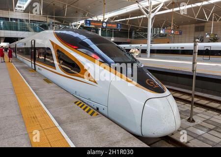 Tianjin, China - 29. September 2019: Fuxing Hochgeschwindigkeitszüge Tianjin Bahnhof in China. Stockfoto