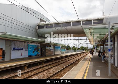 Southend, Großbritannien - 7. Juli 2019: Bahnhof am Londoner Flughafen Southend (SEN) im Vereinigten Königreich. Stockfoto