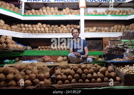 Der indische Verkäufer sitzt im New Market in Kalkata hinter einem großen Stapel von gehäuteten braunen Kokosnüssen Stockfoto