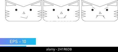 Einfache Katze oder Tiger Gesicht in linearen Stil mit Emotionen, Lächeln, Vampir, wütend. Symbol. Isoliert auf weißem Hintergrund. Flache Vektorgrafik. Stock Vektor