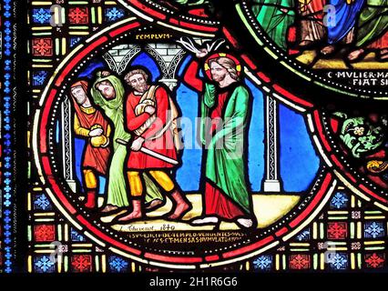 Christus Fahren die Händler aus dem Tempel, die Glasfenster von St. Germain-l'Auxerrois Kirche in Paris, Frankreich Stockfoto