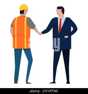 Arbeiter und Chef Deal Händedruck gratulieren Labor Deal Beschäftigung Problem Projekt Bau mit Helm Schutz Stock Vektor