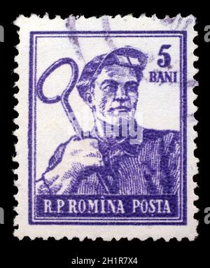 Briefmarke gedruckt in Rumänien zeigt Stahl-Worker, ca. 1950er Jahre Stockfoto