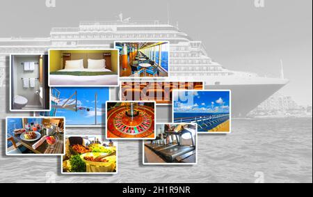 Collage über abstrakte Kreuzfahrtschiff und sportliche Aktivität. Happy Kreuzfahrten und Reisen. Stockfoto