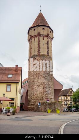 Stadtansicht von Wertheim am Main mit dem Spitzer Turm Im Sommer in Süddeutschland Stockfoto