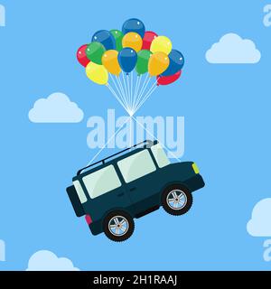 4x4-Auto hängt von Heliumballons, schweben und in den Himmel schweben. Stock Vektor
