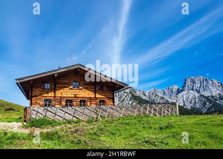 Blick auf die Litzlalm in den Alpen, Österreich. Stockfoto