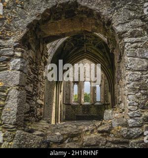 Blick durch das Fenster zur Hore Abbey verlassene Innenausstattung mit dekorativen Bögen. Das Hotel liegt neben dem Schloss Rock of Cashel, County Tipperary, Irland Stockfoto