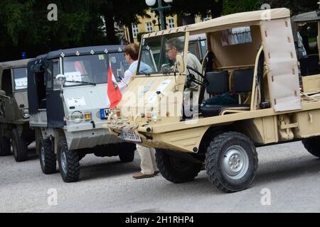 Treffen von Steyr-Puch Haflinger Geländewagen in Bad Ischl, Österreich, Europa - Treffen der Steyr-Puch Haflinger Geländewagen in Bad Ischl, Austr Stockfoto