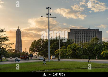Havanna Kuba. 25. November 2020: Foto bei Sonnenuntergang des Denkmals des Jose Mari Revolutionsplatzes Stockfoto