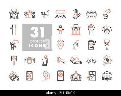 Protest, Demonstration, Streik, Revolution setzen Vektor-Icons. Graph Symbol für Ihre Website-Design, Logo, App, UI Stockfoto