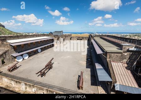 Port Louis, Mauritius - 25. Dezember 2015: Fort Adelaide mit Blick auf die Stadt Port Louis, Mauritius-Hauptstadt. Die Festung stammt aus der Stockfoto