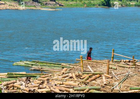 Toamasina, Madagaskar - 22. Dezember 2017: Unidentified Madagaskar Mann arbeitet an Bambus Ernte am Fluss in der Nähe der Stadt von Toamasina (Tamata Stockfoto