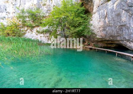 Nationalpark Plitvicer Seen, ein Wunder der Natur, schöne Landschaft mit einem See mit türkisfarbenem Wasser, Kroatien Stockfoto