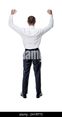 Geschäftsmann mit Waffen im Sieg angehoben. Isoliert auf weiß. Blick von hinten. Stockfoto