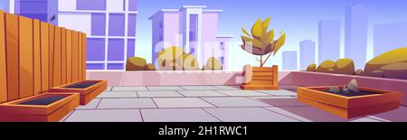 Dachgarten, Gebäudeterrasse mit Grünpflanzen und Holzkisten für Garten- und Landwirtschaft. Vektor-Cartoon-Illustration der modernen Terrasse mit Bäumen und Sträuchern auf Hausdach oder Balkon Stock Vektor