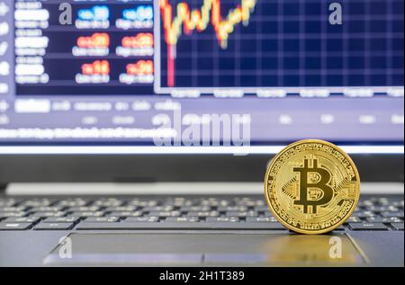 Bitcoins-Münze auf einem Keyboard-Computer. Nahaufnahme von Bitcoin-Krypto-Währungsmünzen mit Kursdiagramm für den Börsenmarkt im Hintergrund Stockfoto
