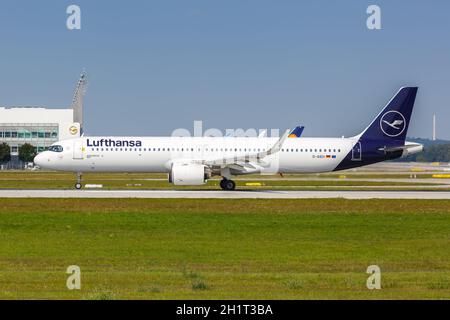 München, 9. September 2021: Lufthansa Airbus A321neo am Flughafen München (MUC) in Deutschland. Stockfoto