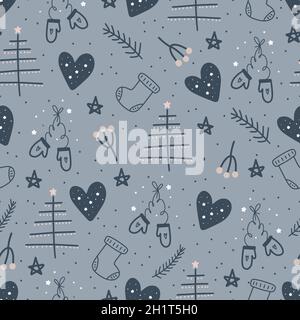 Weihnachten und glückliches neues Jahr nahtloses Muster mit Fäustlingen, Tannenzweigen und Beeren, Weihnachtsbäumen. Vektordesign-Vorlage. Digitalpapier. Stock Vektor