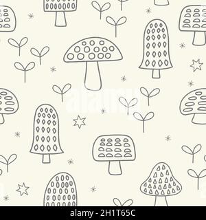 Hintergrund mit Vektor-Muster von Pilzen, nahtlose Wiederholung von handgezeichneten Pilzen und Blättern. Stock Vektor