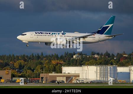 Richmond, British Columbia, Kanada. Oktober 2021. Eine Boeing 737 MAX 8 (C-FRAX) von WestJet Airlines landet auf dem internationalen Flughafen Vancouver. (Bild: © Bayne Stanley/ZUMA Press Wire) Stockfoto