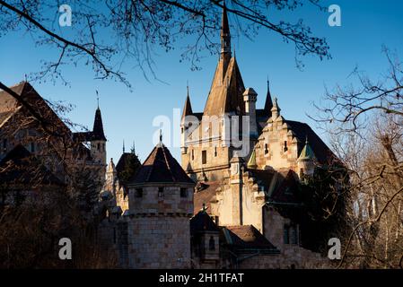 Die Burg Vajdahunyad von ihrem Seeufer aus gesehen. Budapest, Ungarn Stockfoto