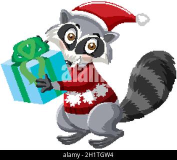 Cute Raccoon trägt Weihnachtshut Cartoon Figur Illustration Stock Vektor