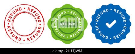 Refund Stempel Emblem Design Aufkleber in rot blau und grün Set Kollektion Stock Vektor