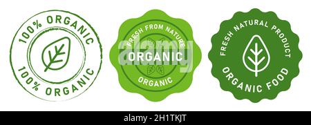Bio Food Stempel Label Design 100 Prozent Bio natürlich in grüner Farbe Siegel Tag Aufkleber Design Grafik isoliert Stock Vektor
