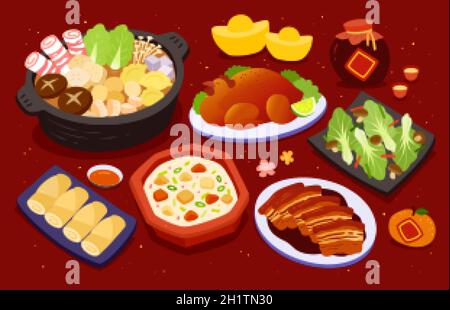 Reunion Dinner zum chinesischen Mondneujahr, das Fest mit einer Vielzahl von Fleischgerichten Stock Vektor