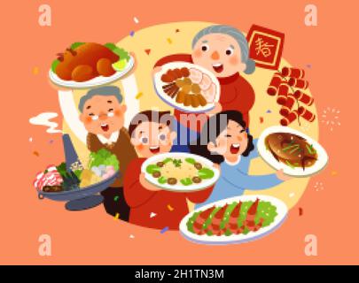 Hausgemachte CNY Reunion Dinner-Gerichte. Asiatische Eltern, die selbst gemachte chinesische Küche anbieten und Aufregungen zeigen. Frühlingswort wird auf Paar geschrieben Stock Vektor