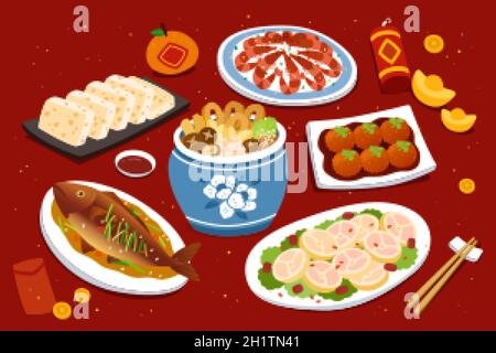 Reunion Dinner zum chinesischen Mondneujahr, das Fest mit einer Vielzahl von Fleischgerichten Stock Vektor