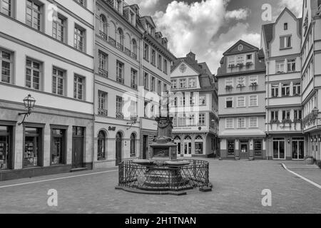 Stoltze-Brunnen auf dem Hühnermarkt in der rekonstruierten historischen Altstadt, Frankfurt, Deutschland Stockfoto