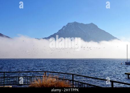 Herbstlicher Nebel über dem Traunsee, im Hintergrund der Traunstein, Österreich, Europa - Herbstnebel über dem Traunsee, im Hintergrund die Traunste Stockfoto