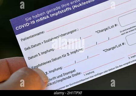 Impfpass und Bestätigung für Corona-Impfung mit Impfstoff von BioNTech Pfizer in Österreich - Impfpass und Bestätigung für Corona-Impfung Stockfoto