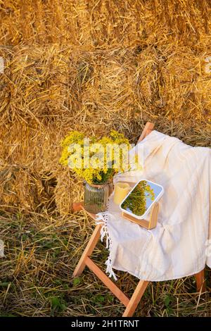 Picknick auf dem Feld in der Nähe von Strohballen. Die untergehende Sonne. Rustikaler Stil - Holzstuhl, Karo, Blumenstrauß, Spiegel Stockfoto