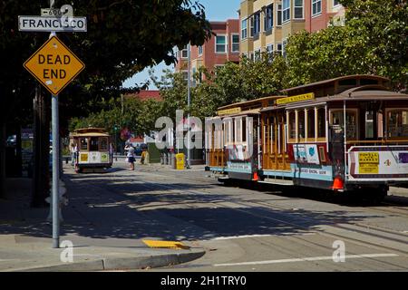 Seilbahn am äußeren Terminal - Powell & Mason Seilbahn Linie, Taylor Street, Fishermans Wharf, San Francisco, Kalifornien, USA Stockfoto