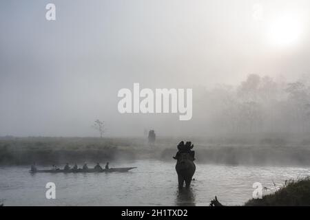 SAURAHA, NEPAL - CA. DEZEMBER 2014: Touristen machen eine Elefantensafari im Chitwan Nationalpark. Stockfoto