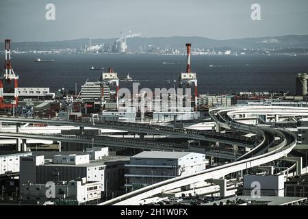 Yokohama Skyline sichtbar vom Marine Tower (monochrom). Drehort: Yokohama-Stadt kanagawa Präfektur Stockfoto