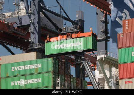 Rotterdam, Niederlande - um 2019: Container werden von einem riesigen Frachtschiff im Euromax-Containerterminal des Rotterdamer Hafens entladen. Stockfoto