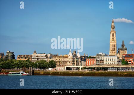 Blick auf Antwerpen über die Schelde mit der Kathedrale unserer Lieben Frau Onze-Lieve-Vrouwekathedral Antwerpen, Belgien. Stockfoto