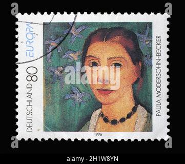 Eine in Deutschland gedruckte Briefmarke zeigt Selbstportrait, von Paula Modersohn-Becker (1876-1907), um 1996 Stockfoto