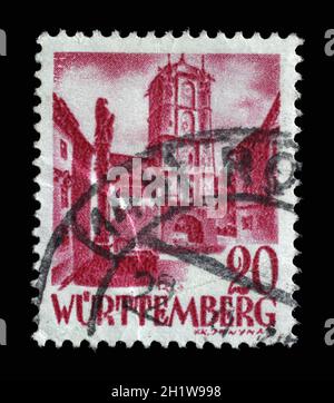 Briefmarke gedruckt in Deutschland, Französische Besetzung von Württemberg zeigt Stadttor aus Wangen, um 1948 Stockfoto