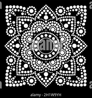 Dot Art Vector Ethnisches Mandala in quadratischem, traditionelles indigenes Dot-Maldesign aus Australien in Weiß auf schwarzem Hintergrund Stock Vektor