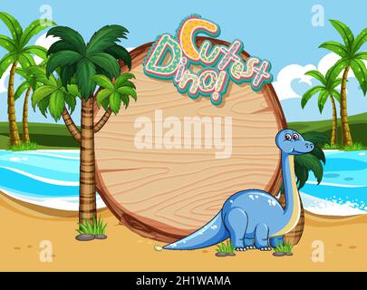Strandszene mit leerer Brettvorlage und niedlicher Dinosaurier-Cartoon-Figur-Illustration Stock Vektor