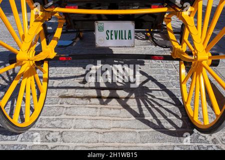 Traditionelle Pferdekutsche mit Sevillaner Führerscheintafel. Santa Cruz Nachbarschaft, Sevilla, Andalusien, Spanien Stockfoto