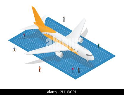 Flugzeug Blaupause Konzept mit Menschen analysieren mit modernen isometrischen Stil Vektor-Illustration Stockfoto